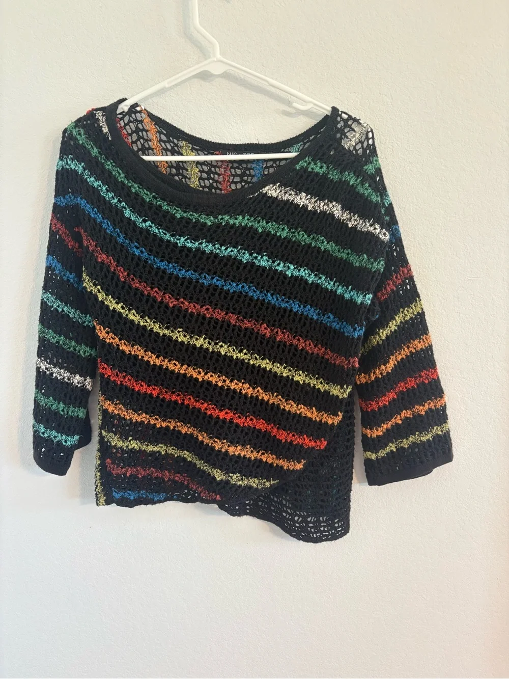 NIC+ZOE Rainbow Striped Open Knit Crochet Pullover Sweater